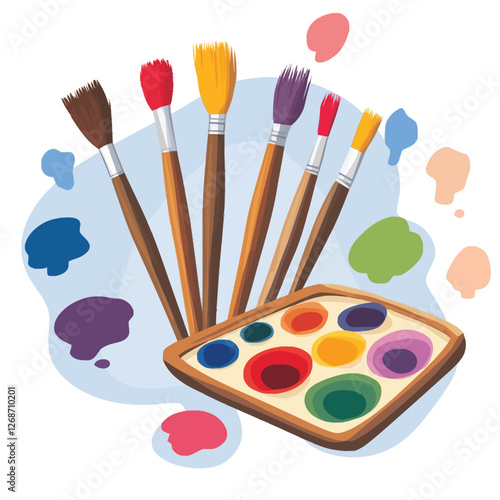 A set of paintbrushes and a vibrant palette of mixed colors.