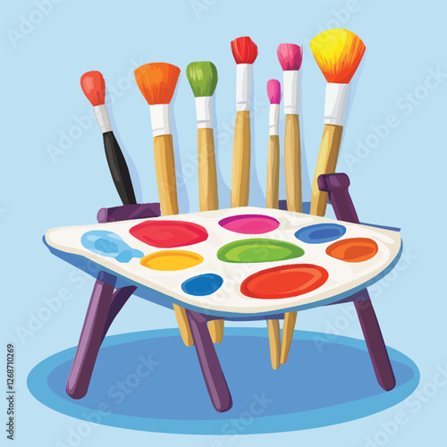 A set of paintbrushes and a vibrant palette of mixed colors.