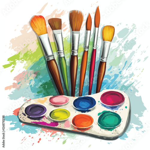 A set of paintbrushes and a vibrant palette of mixed colors.