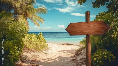 Tropical Beach Path Wooden Signpost Composition, Ocean View, Paradise Concept, Vacation, Travel Vacation, Travel