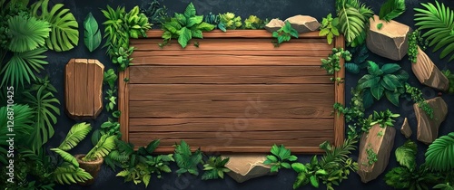 Wooden Signboard Surrounded by Lush Tropical Foliage and Rocks, Game Asset, Jungle UI, Background Game asset, UI design