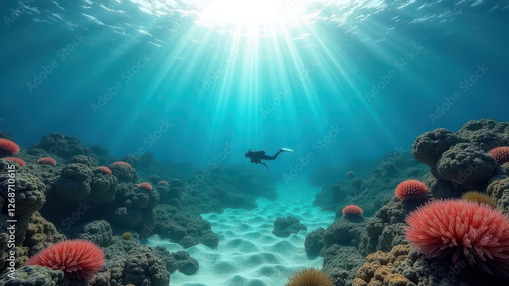 Fototapeta premium Split view of coral reef underwater and rocky desert coastline above clear blue water 