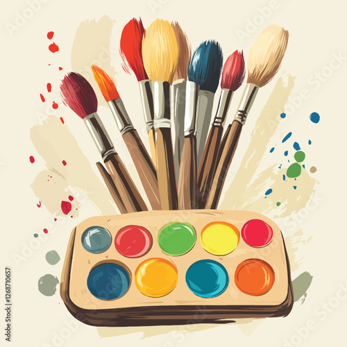 A set of paintbrushes and a vibrant palette of mixed colors.