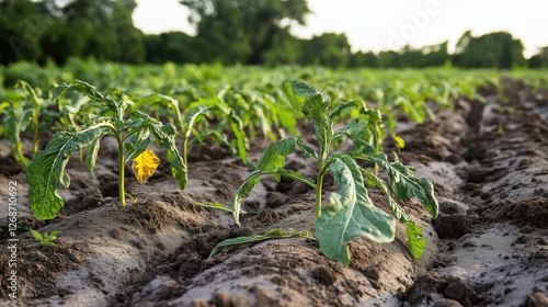 Vegetable plants wilting with yellowing leaves due to fusarium, wilt disease