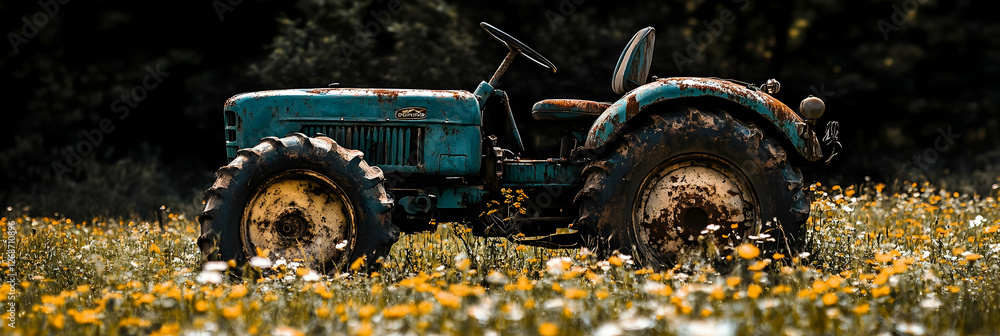 Naklejka premium Rusty Tractor in Wildflowers - Realistic Image
