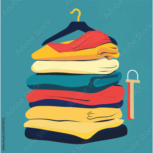 A neatly folded stack of clothes with a wooden hanger nearby.