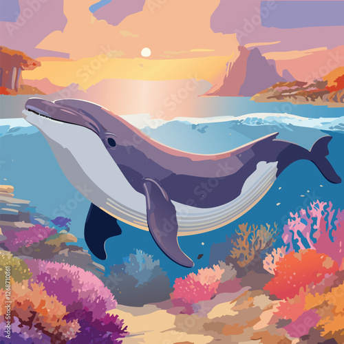 Beluga Whale Among Coral Reefs in the Crystal Blue Waters, vector illustration