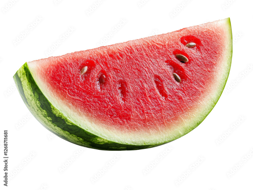 A juicy slice of watermelon, seeds visible in the red flesh, isolated on a transparent background, PNG file. A juicy slice of watermelon, seeds visible in the red flesh, isolated on a transparent background, PNG file.