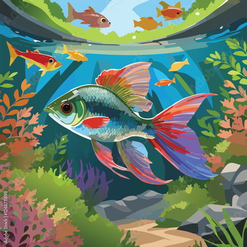 Tetra Fish Among Coral Reefs in the Crystal Blue Waters, vector illustration