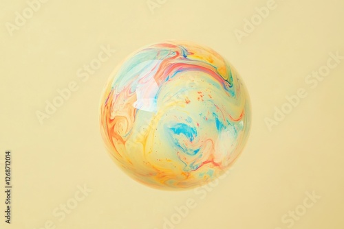 Multi colored orb with swirling pattern floats against light backdrop photo