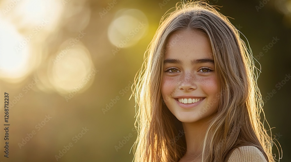 Naklejka premium Young woman’s serene portrait, natural light, soft focus background, timeless elegance.