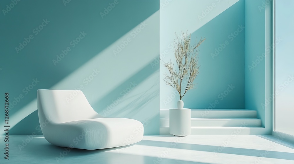 Fototapeta premium Elegant Minimalist White Chair Positioned Gracefully Against a Striking Blue Wall Creating a Modern Aesthetic with a Touch of Serenity and Open Space in a Contemporary Interior Setting