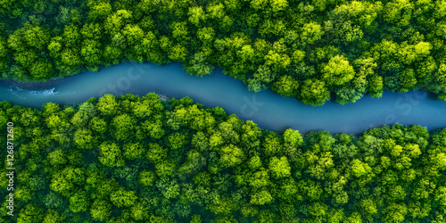 Aerial View Lush Green Forest River