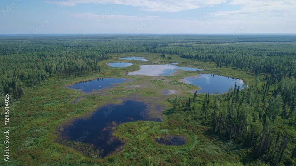 Aerial view of Alaskan wetlands, multiple ponds, lush greenery Aerial view of Alaskan wetlands, multiple ponds, lush greenery