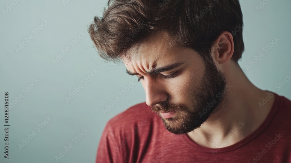 Close-up portrait of a young man with a thoughtful expression, looking down. Close-up portrait of a young man with a thoughtful expression, looking down.
