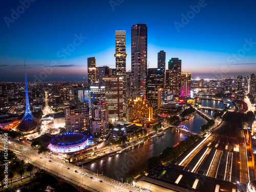 Melbourne CBD at Night – Aerial Drone View of the City Skyline
