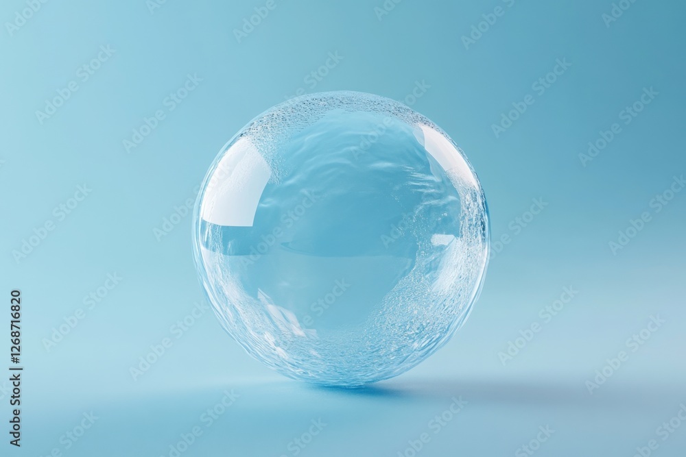 A transparent water globe stands on a light blue surface A transparent water globe stands on a light blue surface