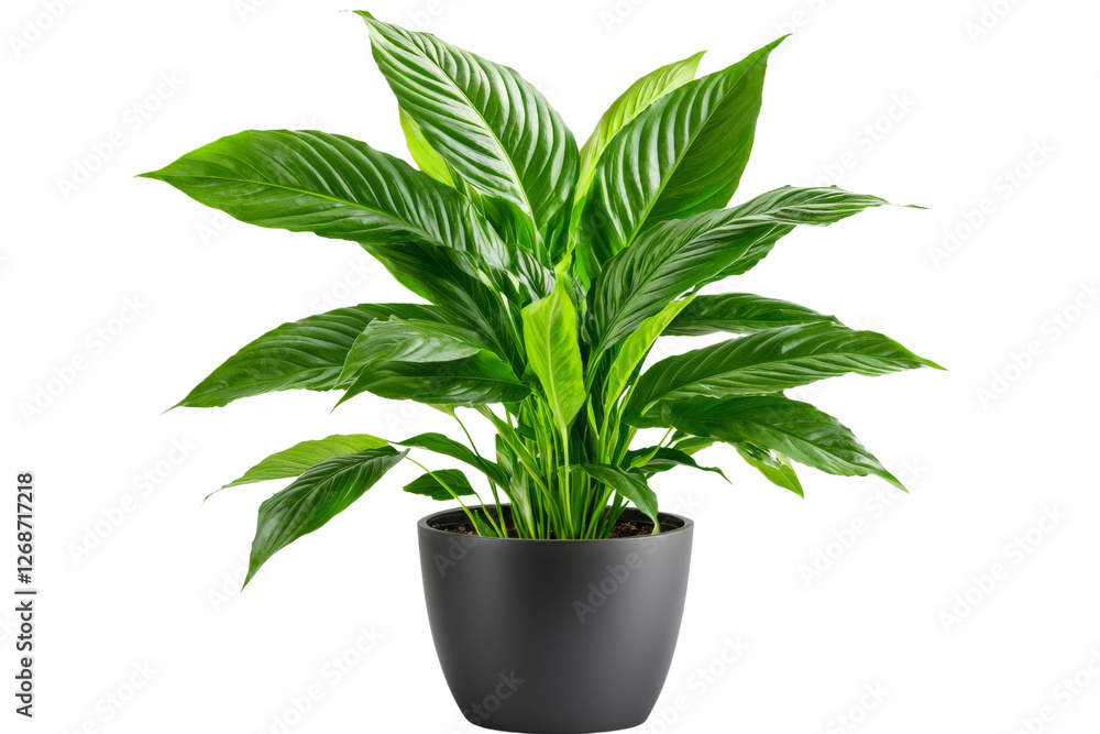 A potted peace lily with broad, dark green leaves, isolated on a transparent background, PNG file. A potted peace lily with broad, dark green leaves, isolated on a transparent background, PNG file.