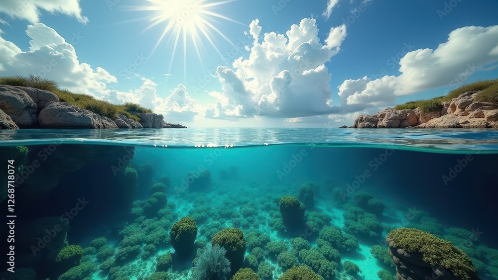 Fototapeta premium Split view of a coral reef underwater and a dramatic sky with sun above ocean 