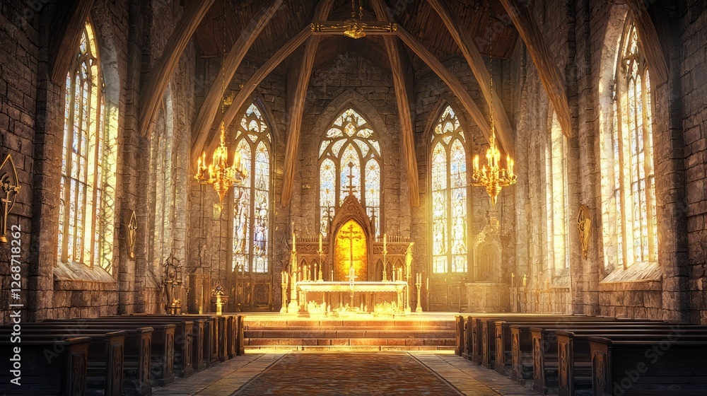 Fototapeta premium Interior View of a Medieval Chapel with Stained Glass Windows