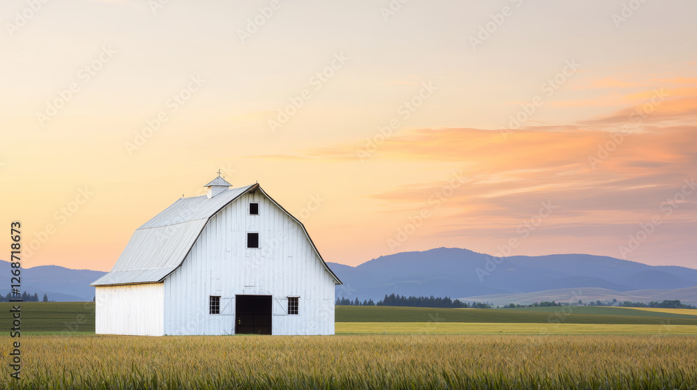 Picturesque sunset behind barn, peace and tranquility fill countryside Picturesque sunset behind barn, peace and tranquility fill countryside