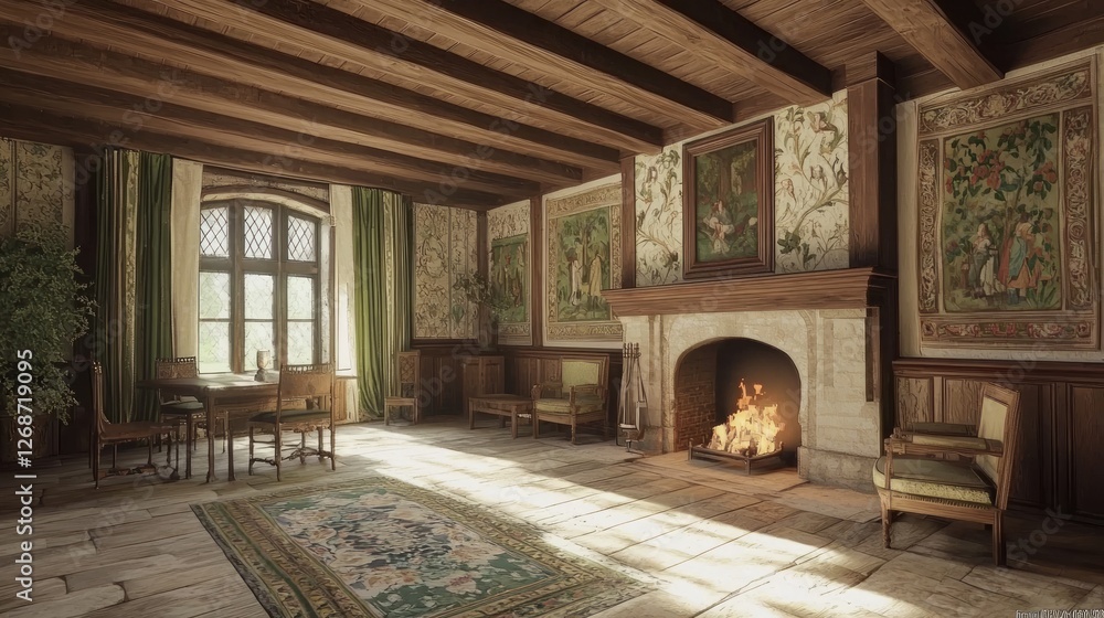 Cozy Medieval Manor Sitting Room with Elegant Décor and Fireplace Cozy Medieval Manor Sitting Room with Elegant Décor and Fireplace