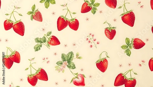Ripe strawberries and small blossoms form a charming seamless pattern