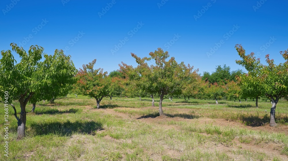 Peach orchard with trees affected by leaf curl disease, displaying wilted and discolored foliage Peach orchard with trees affected by leaf curl disease, displaying wilted and discolored foliage