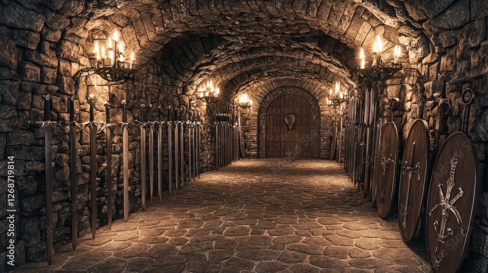 Fototapeta premium Medieval Armory Interior with Rows of Shields and Swords