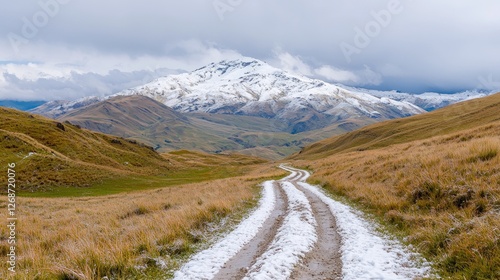 Winding dirt road covered in light snow leads through grassy hills toward a snow-capped mountain peak under an overcast sky.