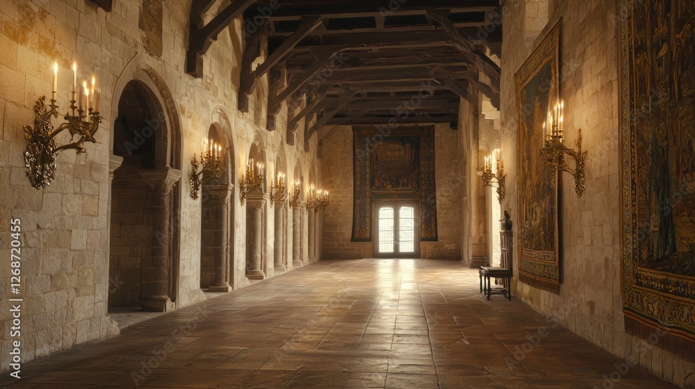 Serene Medieval Hallway with Candle Sconces and Stone Walls Serene Medieval Hallway with Candle Sconces and Stone Walls