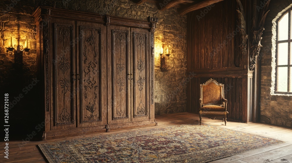 Medieval Bedroom with Large Oak Wardrobe and Elegant Chair Medieval Bedroom with Large Oak Wardrobe and Elegant Chair