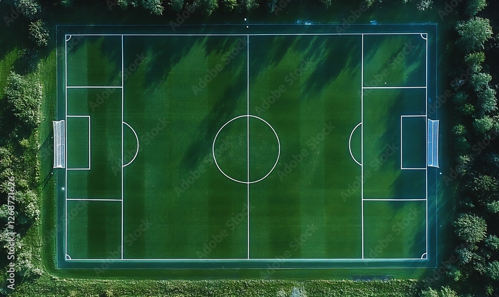 Aerial view of a soccer field with white markings. Aerial view of a soccer field with white markings.