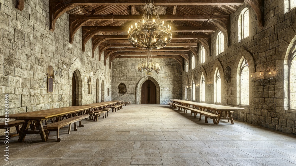 Medieval Stone Hall with Arched Windows and Wooden Beams Medieval Stone Hall with Arched Windows and Wooden Beams