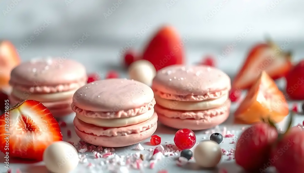 Fototapeta premium Delicate pink macarons with fresh berries displayed elegantly together