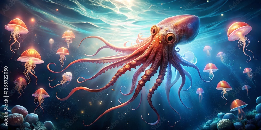 Obraz premium Colorful Octopus Surrounded by Jellyfish in Vibrant Underwater Scene