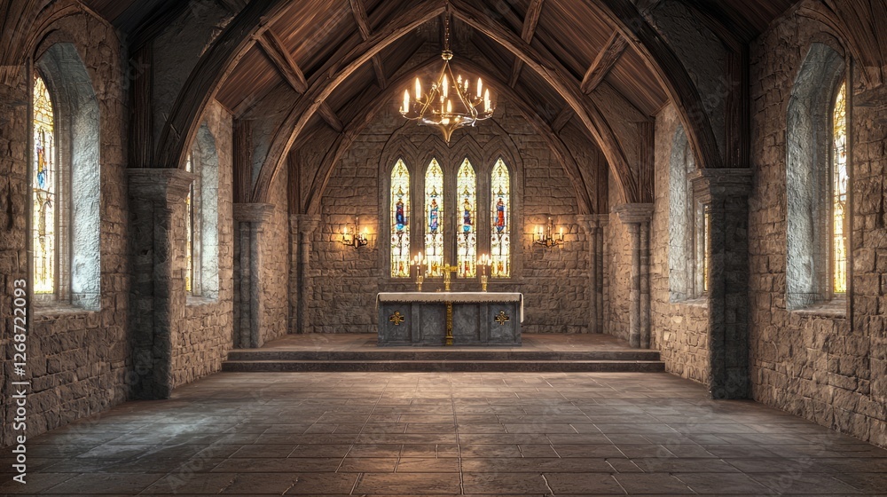 Medieval Chapel Interior with High Vaulted Ceiling and Stained Glass Medieval Chapel Interior with High Vaulted Ceiling and Stained Glass