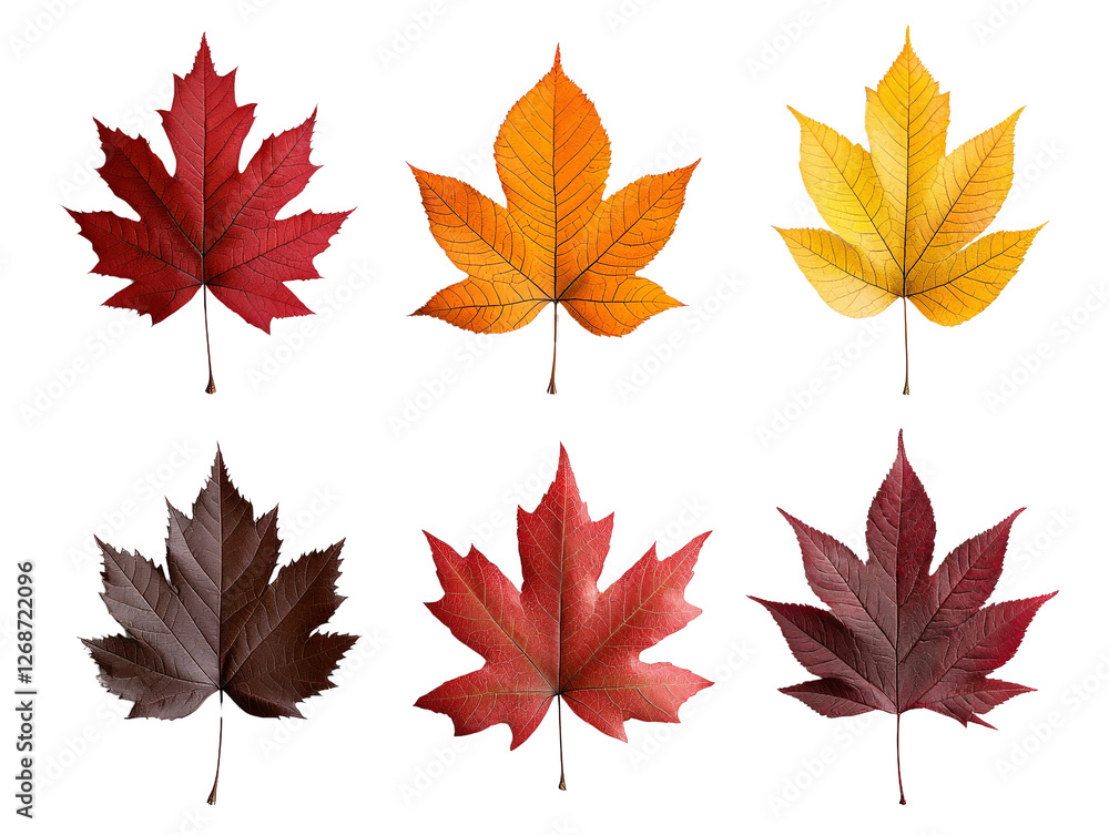 Fototapeta premium A set of colorful autumn leaves in shades of red, orange, and yellow, isolated on a clean transparent background, PNG file.