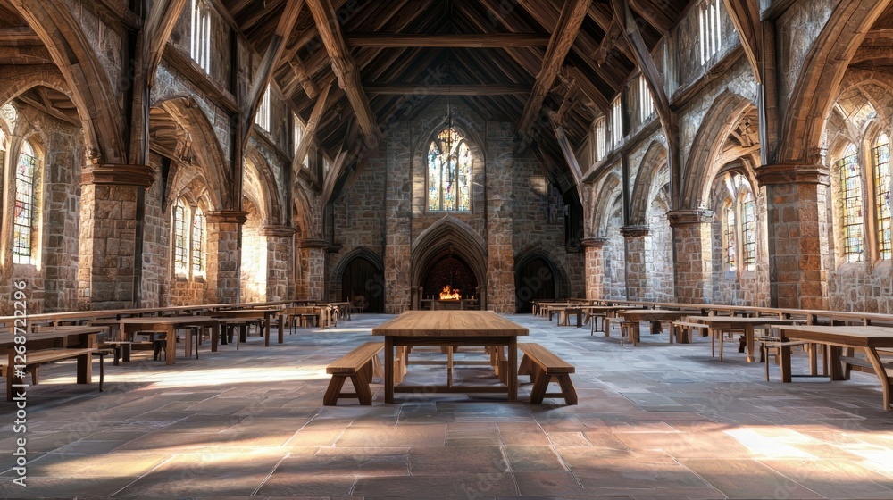 Obraz premium Majestic Medieval Great Hall with Towering Arches and Wooden Tables