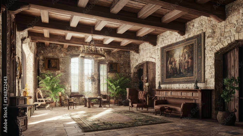Spacious Medieval Parlor with Stone Walls and Elegant Furnishings Spacious Medieval Parlor with Stone Walls and Elegant Furnishings