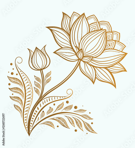 Elegant golden lotus flower, intricate floral design, delicate line art, botanical illustration.
