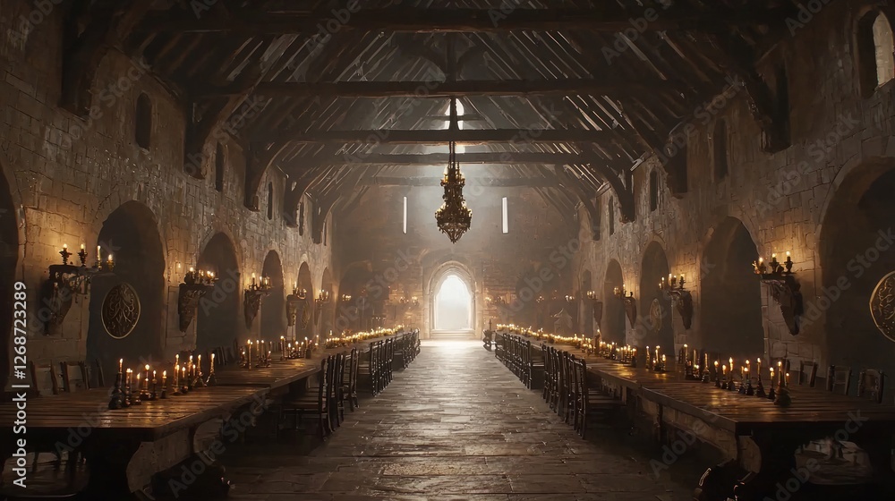 Obraz premium Grand Medieval Hall with Long Wooden Tables and Soft Lighting