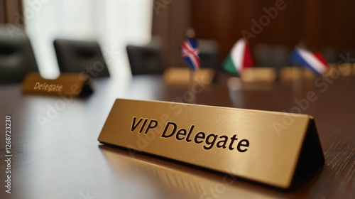 VIP delegate nameplate on conference table with country flags photo