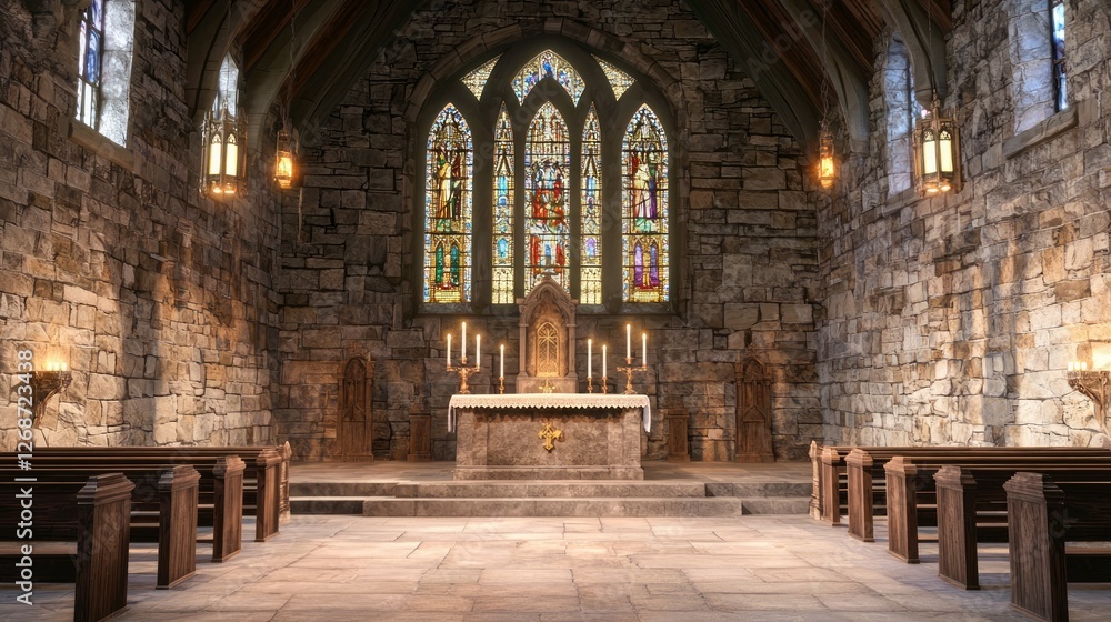 Obraz premium Interior View of a Medieval Chapel with Stunning Stained Glass Windows