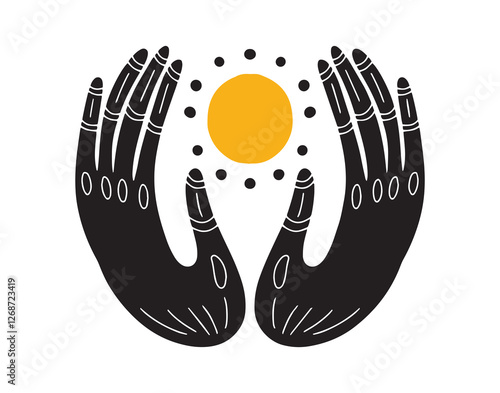meditation, energy, or reiki therapy hand doodle hand drawn icon or emblem, logo. drawing energy magical hands line clipart symbol. 