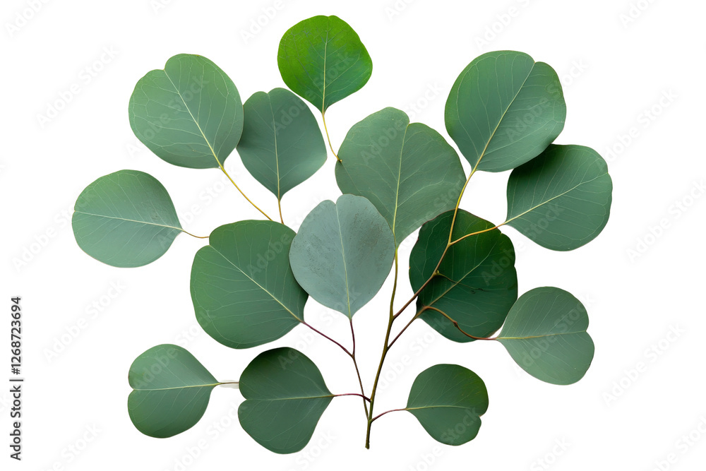 Obraz premium A set of delicate eucalyptus leaves, arranged in a fan shape, isolated on a transparent background, PNG file.