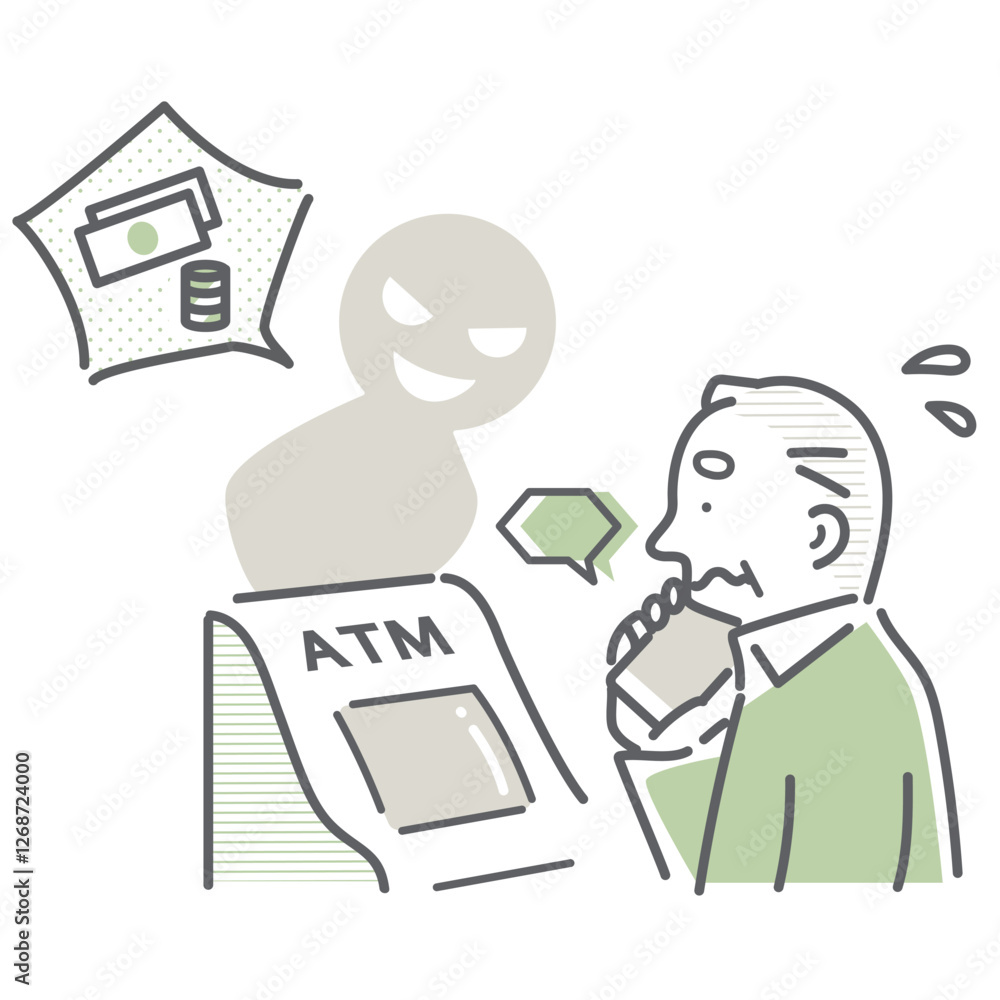 振り込み詐欺に惑わされる高齢者　シンプルでお洒落な線画イラスト