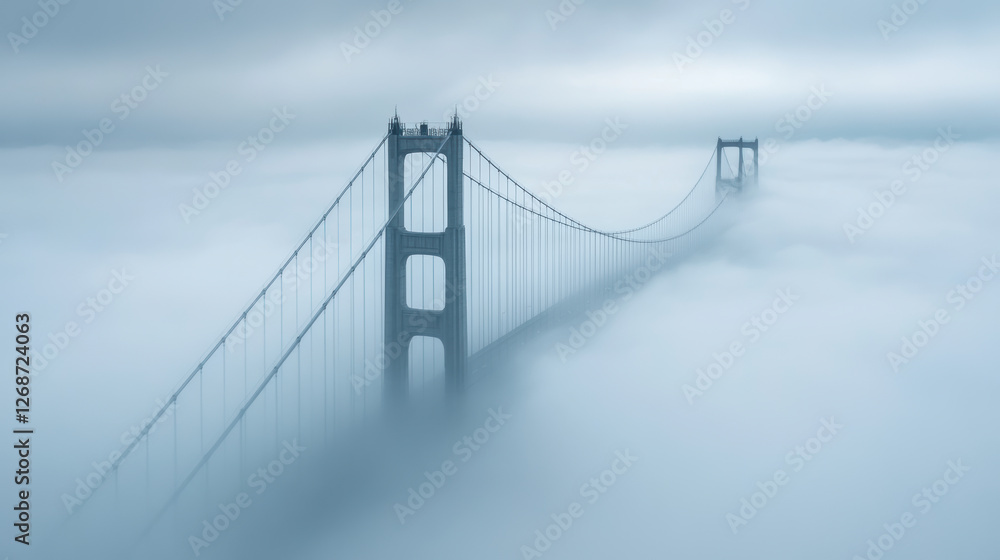 Fototapeta premium Foggy Golden Gate Bridge Emerging from Misty Clouds at Dawn