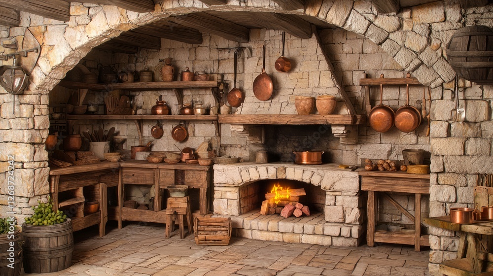 Cozy Medieval Kitchen with Stone Elements and Warm Hearth Cozy Medieval Kitchen with Stone Elements and Warm Hearth
