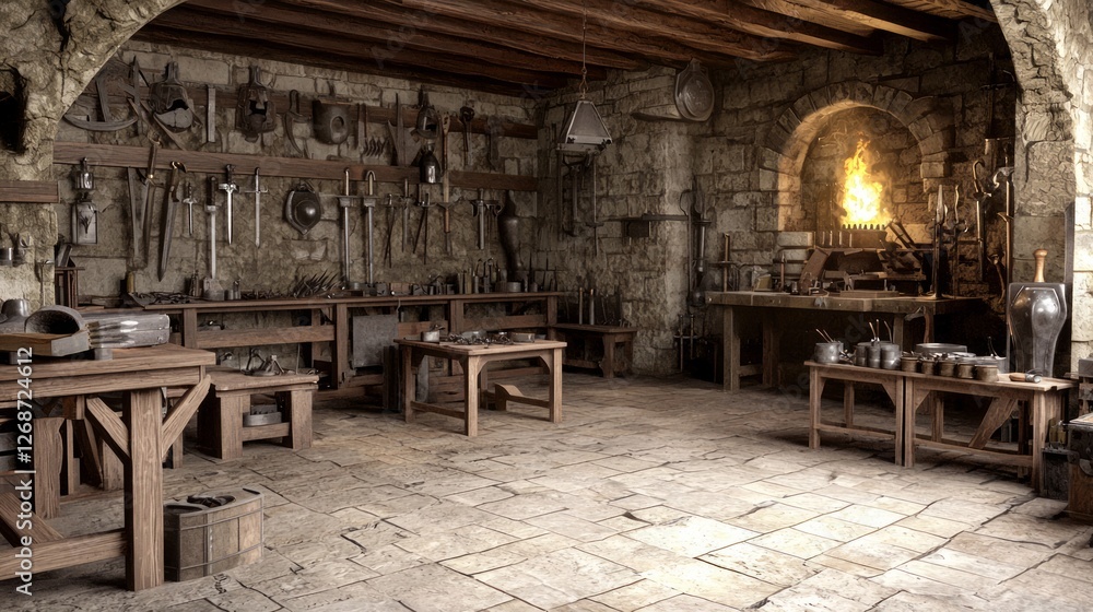 Medieval Workshop Interior with Stone Floor and Tools Display Medieval Workshop Interior with Stone Floor and Tools Display
